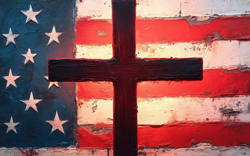 What is Christian Nationalism illustration with American flag and wooden cross
