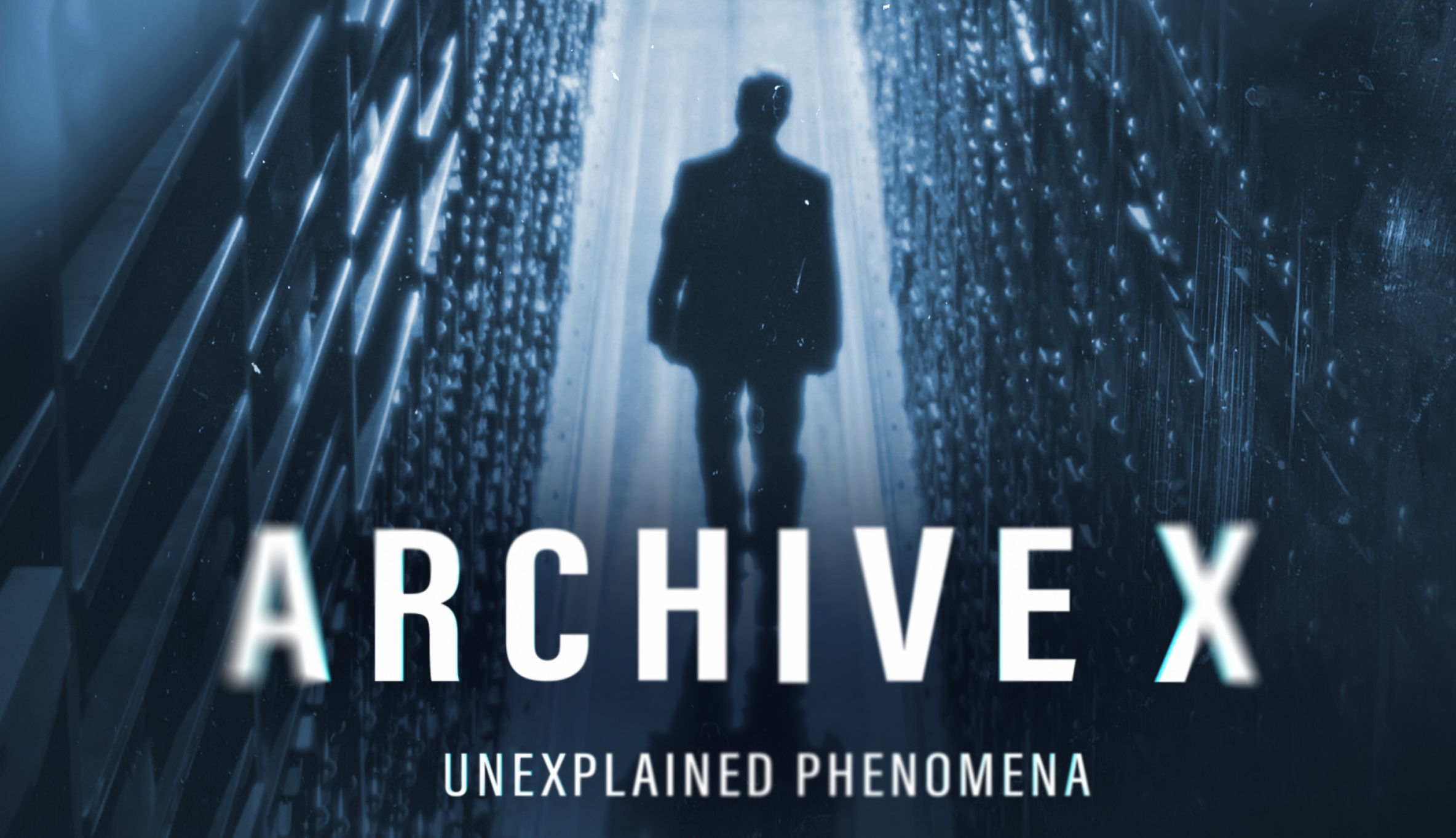 Promotional image for ARCHIVE X showing a silhouetted figure surrounded by illuminated screens